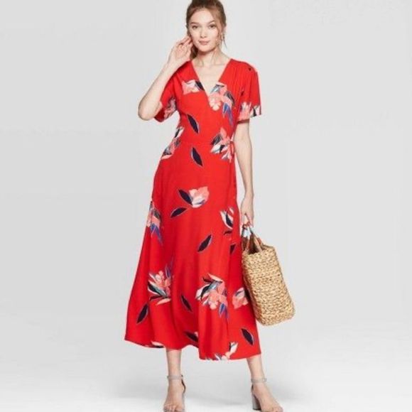 a new day Dresses & Skirts - A NEW DAY Red Floral Wrap Dress